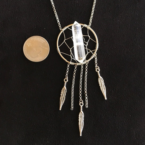 Dream catcher necklace . Genuine double point crystal quartz boho feather silver - Picture 10 of 11
